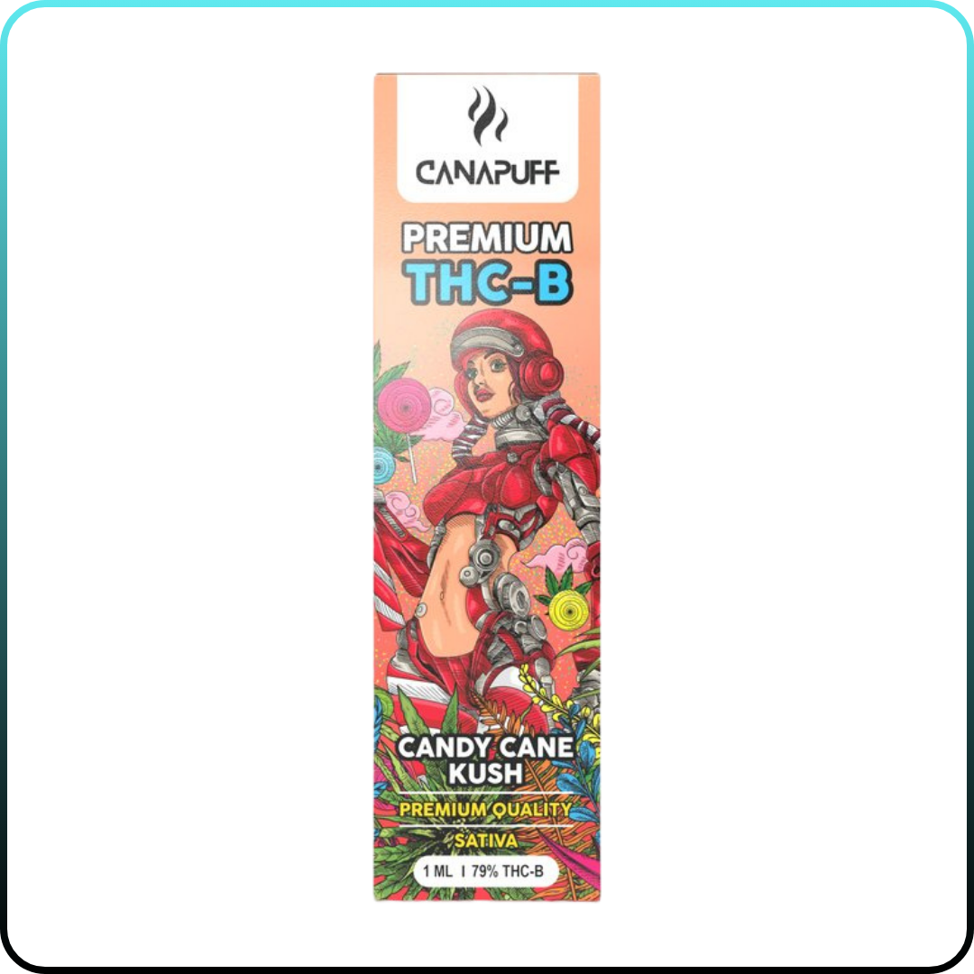 Candy Cane Kush 79% - THC-B - Canapuff - One Use - 1mlA "Candy Cane Kush 79% - THC-B - CanaPuff - One Use - 1ml" egy exkluzív, egyszer használatos elektromos cigarettát kínál, mely a kiváló "Candy Cane Kush" kannabisz törzs esszenciáját hordozza magában.